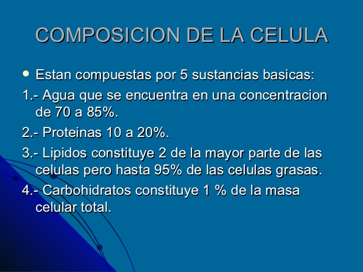 COMPOSICION DE LA CELULA <ul><li>Estan compuestas por 5 sustancias basicas: </li></ul><ul><li>1.- Agua que se encuentra en...