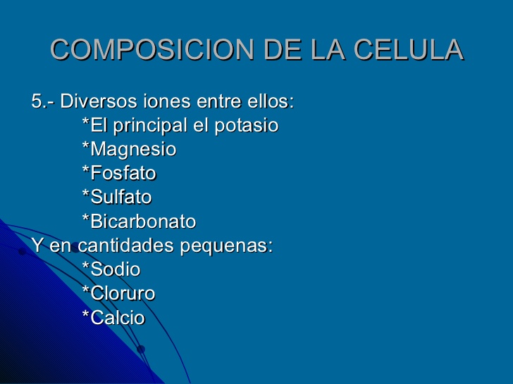 COMPOSICION DE LA CELULA <ul><li>5.- Diversos iones entre ellos: </li></ul><ul><li>*El principal el potasio </li></ul><ul>...